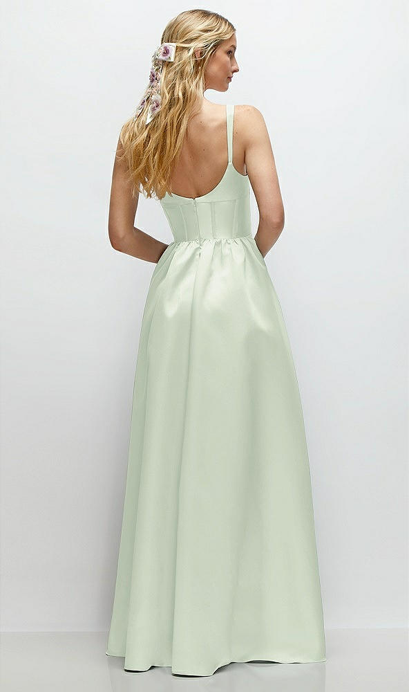 Back View - Mint Green Scoop Neck Inset Corset Satin Maxi Dress with Pockets