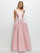 Front View Thumbnail - Ballet Pink Scoop Neck Inset Corset Satin Maxi Dress with Pockets