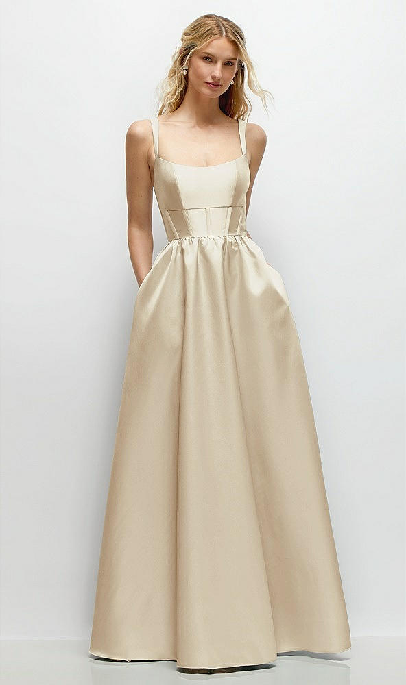 Front View - Champagne Scoop Neck Inset Corset Satin Maxi Dress with Pockets