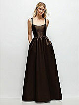 Front View Thumbnail - Espresso Scoop Neck Inset Corset Satin Maxi Dress with Pockets