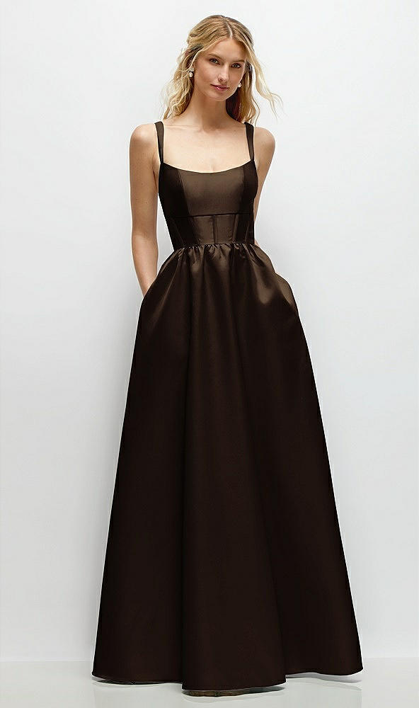 Front View - Espresso Scoop Neck Inset Corset Satin Maxi Dress with Pockets