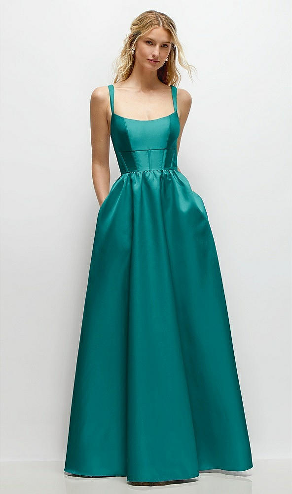Front View - Jade Scoop Neck Inset Corset Satin Maxi Dress with Pockets