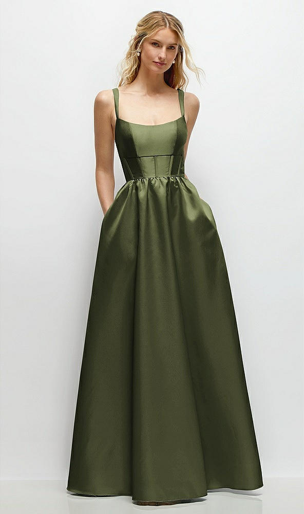 Front View - Olive Green Scoop Neck Inset Corset Satin Maxi Dress with Pockets