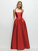 Front View Thumbnail - Poppy Red Scoop Neck Inset Corset Satin Maxi Dress with Pockets