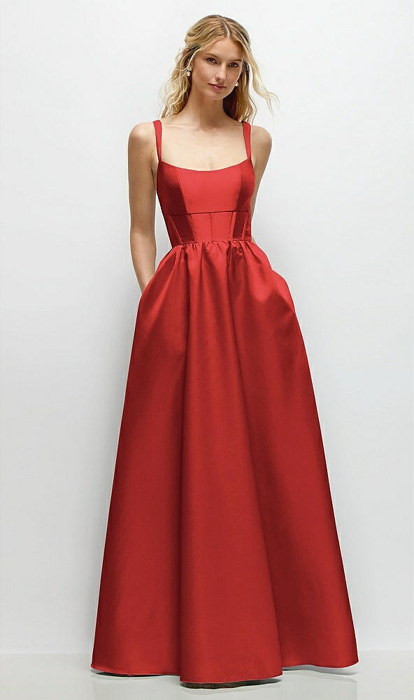 Front View - Poppy Red Scoop Neck Inset Corset Satin Maxi Dress with Pockets