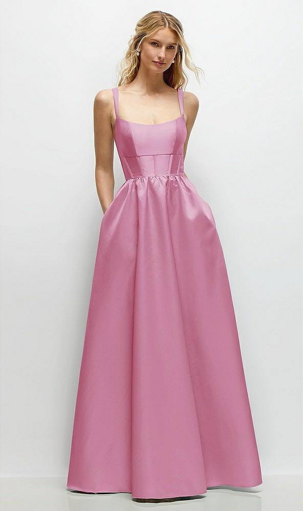 Front View - Powder Pink Scoop Neck Inset Corset Satin Maxi Dress with Pockets