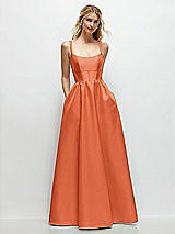 Front View Thumbnail - Portofino Orange Scoop Neck Inset Corset Satin Maxi Dress with Pockets