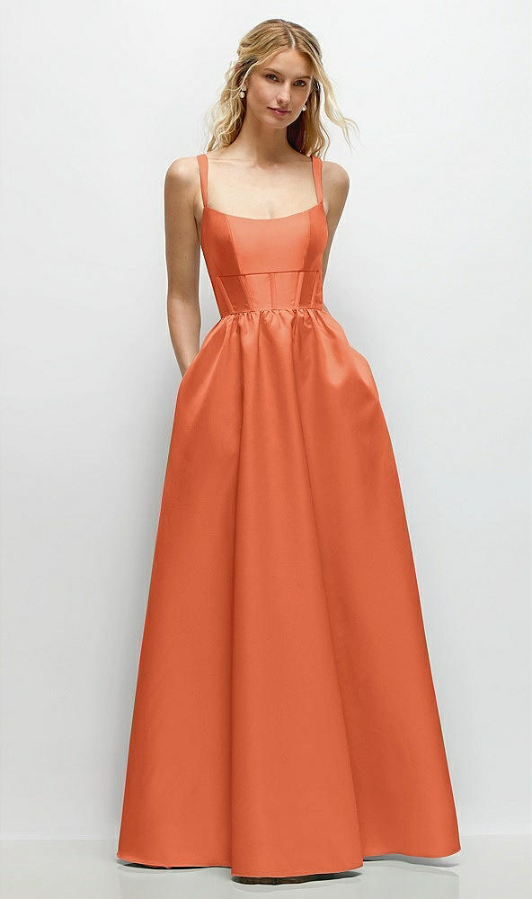 Front View - Portofino Orange Scoop Neck Inset Corset Satin Maxi Dress with Pockets