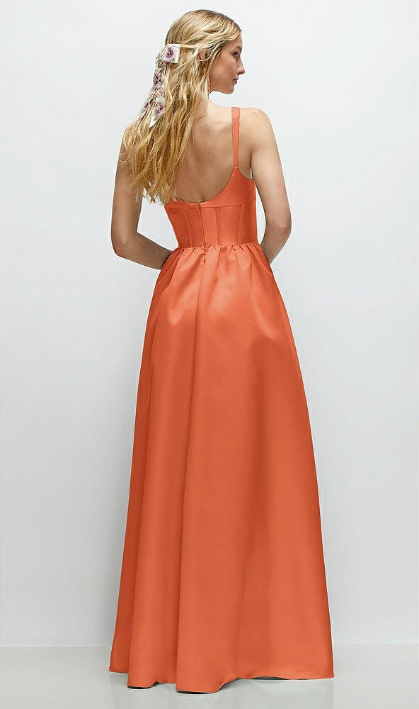 Back View - Portofino Orange Scoop Neck Inset Corset Satin Maxi Dress with Pockets