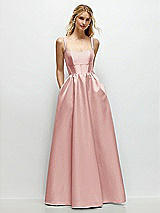Front View Thumbnail - Rose Scoop Neck Inset Corset Satin Maxi Dress with Pockets