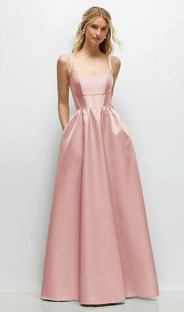 Front View - Rose Scoop Neck Inset Corset Satin Maxi Dress with Pockets