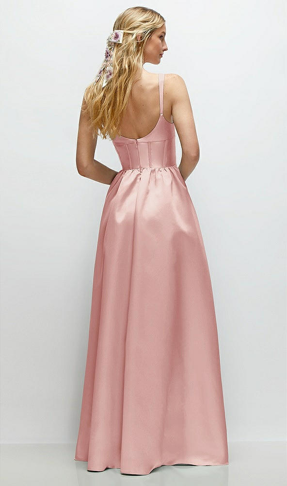 Back View - Rose Scoop Neck Inset Corset Satin Maxi Dress with Pockets