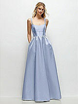 Front View Thumbnail - Sky Blue Scoop Neck Inset Corset Satin Maxi Dress with Pockets