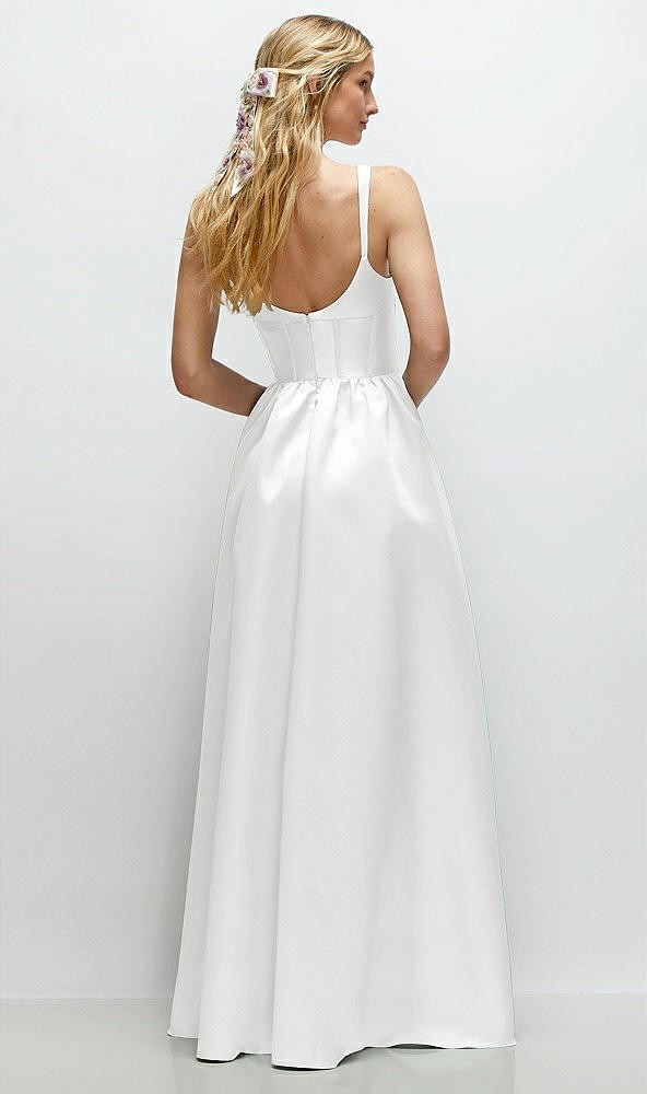 Back View - White Scoop Neck Inset Corset Satin Maxi Dress with Pockets