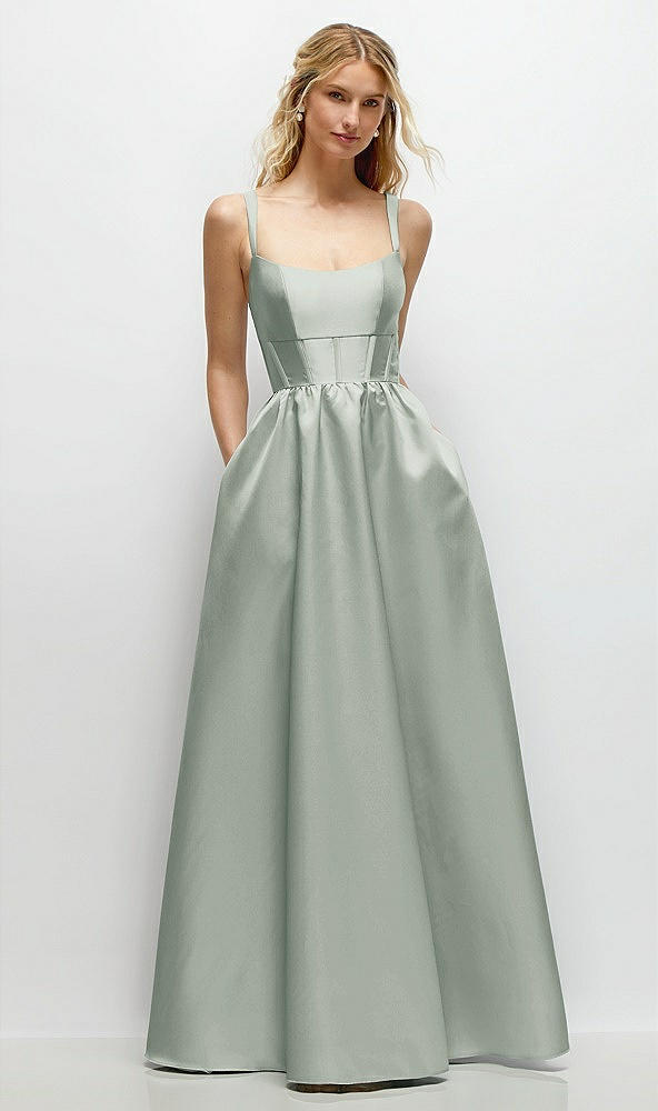 Front View - Willow Green Scoop Neck Inset Corset Satin Maxi Dress with Pockets