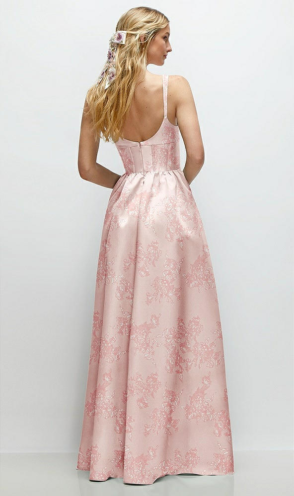 Back View - Bow And Blossom Print Scoop Neck Inset Corset Floral Satin Maxi Dress with Pockets