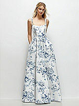 Front View Thumbnail - Cottage Rose Larkspur Scoop Neck Inset Corset Floral Satin Maxi Dress with Pockets