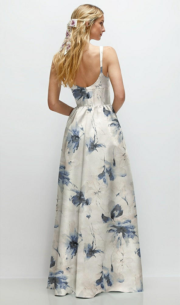 Back View - Inkwash Blue Floral Scoop Neck Inset Corset Floral Satin Maxi Dress with Pockets