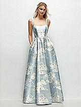 Front View Thumbnail - Porcelain Blue Seraphina Floral Scoop Neck Inset Corset Floral Satin Maxi Dress with Pockets