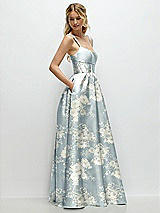Side View Thumbnail - Porcelain Blue Seraphina Floral Scoop Neck Inset Corset Floral Satin Maxi Dress with Pockets