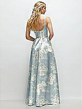 Rear View Thumbnail - Porcelain Blue Seraphina Floral Scoop Neck Inset Corset Floral Satin Maxi Dress with Pockets