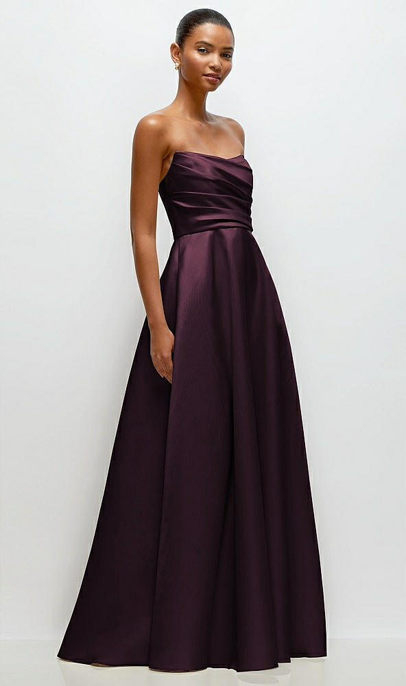 Front View - Deep Plum Strapless Draped Cat-Eye Satin Maxi Dress with Full Skirt