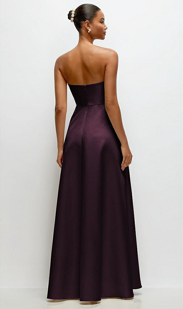 Back View - Deep Plum Strapless Draped Cat-Eye Satin Maxi Dress with Full Skirt