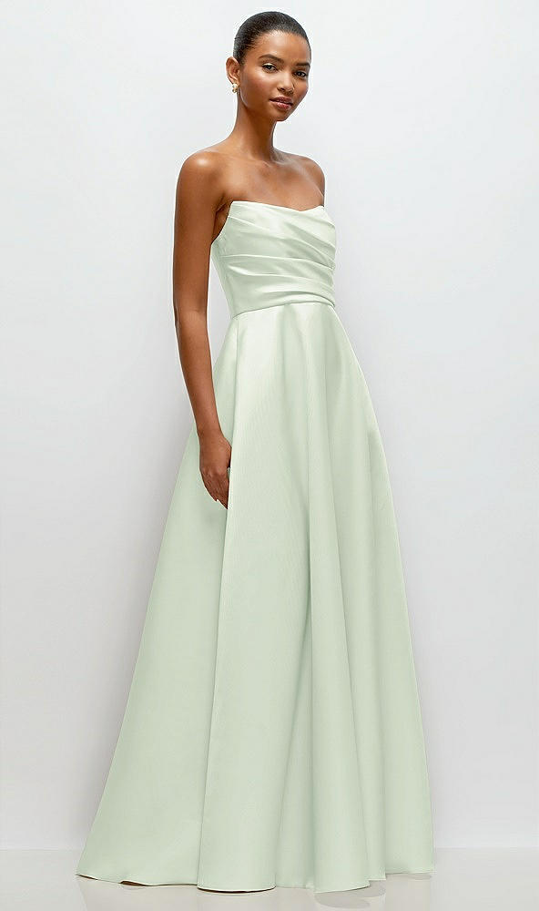 Front View - Mint Green Strapless Draped Cat-Eye Satin Maxi Dress with Full Skirt