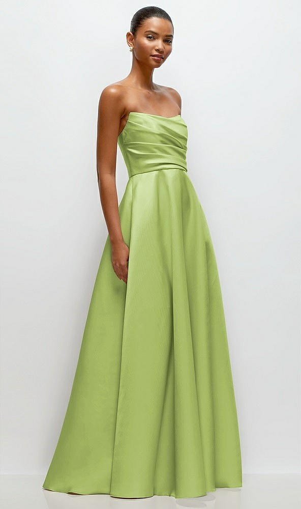 Front View - Mojito Strapless Draped Cat-Eye Satin Maxi Dress with Full Skirt