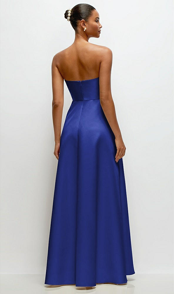 Back View - Cobalt Blue Strapless Draped Cat-Eye Satin Maxi Dress with Full Skirt