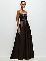 Front View Thumbnail - Espresso Strapless Draped Cat-Eye Satin Maxi Dress with Full Skirt