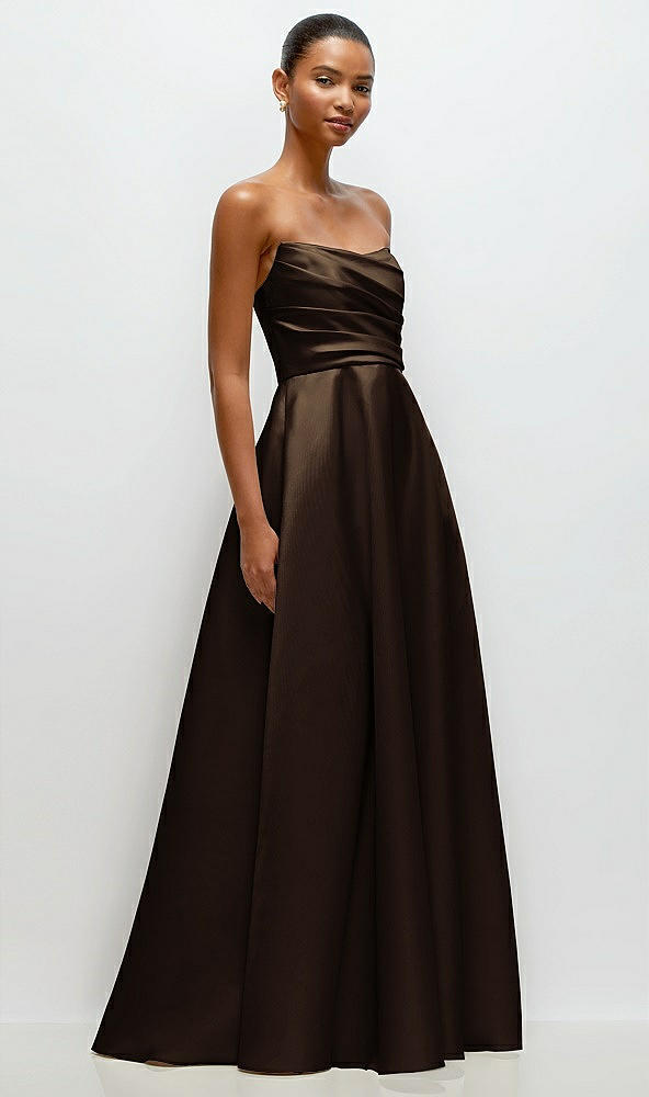 Front View - Espresso Strapless Draped Cat-Eye Satin Maxi Dress with Full Skirt