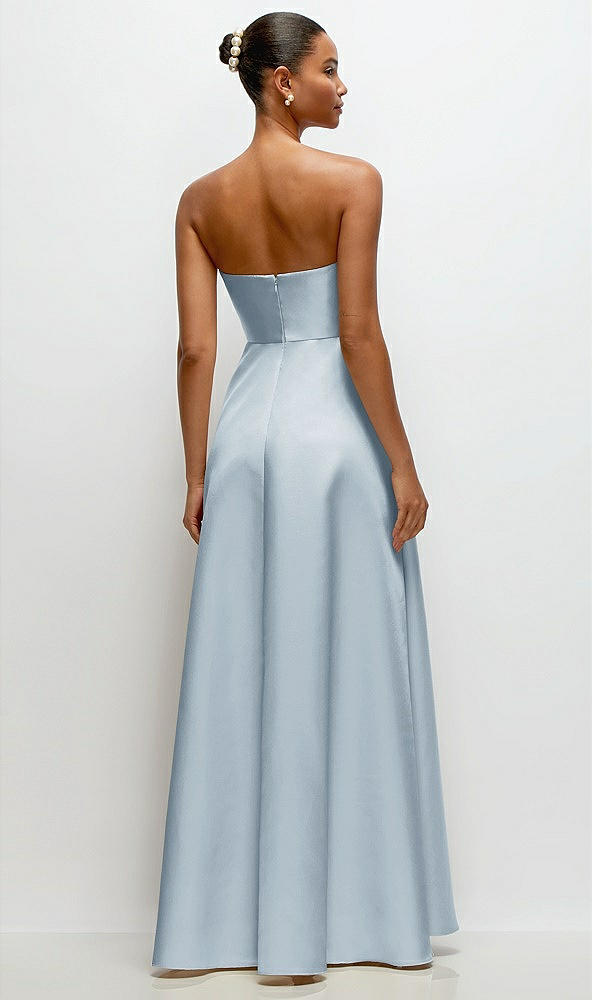 Back View - Mist Strapless Draped Cat-Eye Satin Maxi Dress with Full Skirt