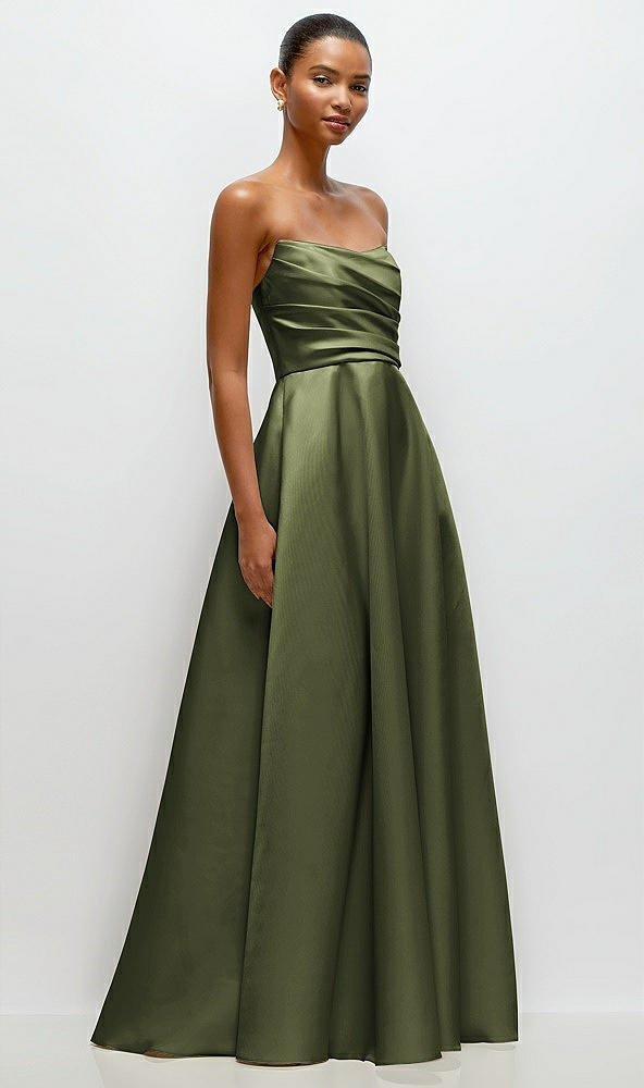 Front View - Olive Green Strapless Draped Cat-Eye Satin Maxi Dress with Full Skirt