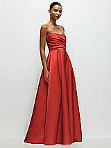 Front View Thumbnail - Poppy Red Strapless Draped Cat-Eye Satin Maxi Dress with Full Skirt