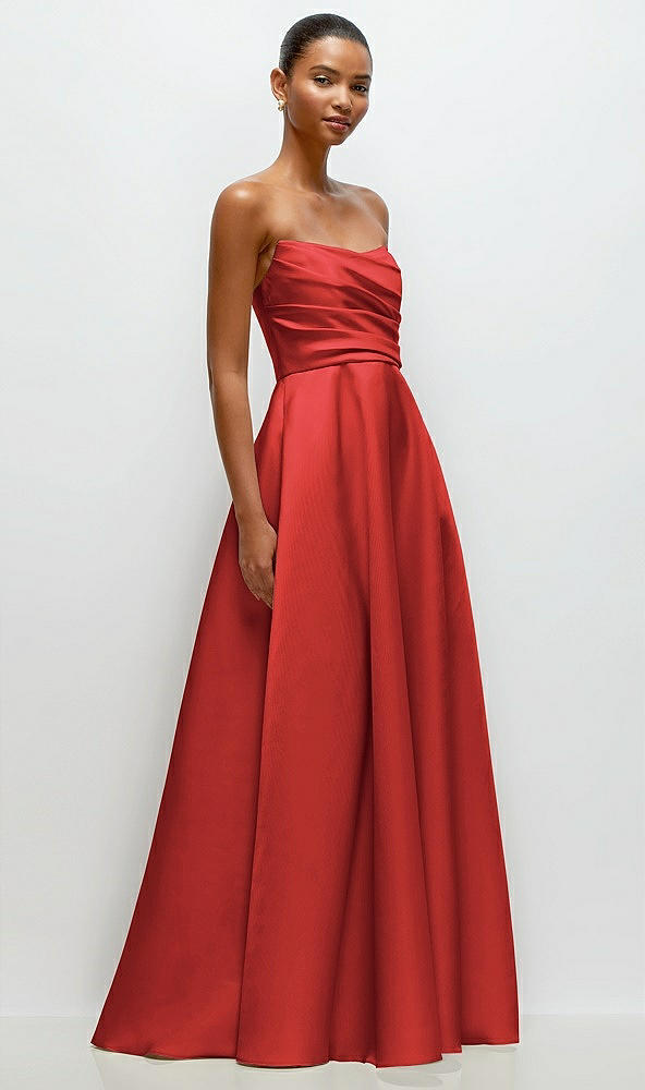 Front View - Poppy Red Strapless Draped Cat-Eye Satin Maxi Dress with Full Skirt