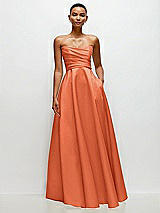 Side View Thumbnail - Portofino Orange Strapless Draped Cat-Eye Satin Maxi Dress with Full Skirt