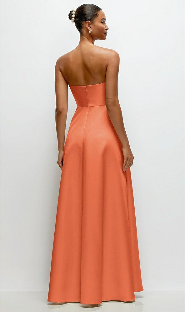 Back View - Portofino Orange Strapless Draped Cat-Eye Satin Maxi Dress with Full Skirt