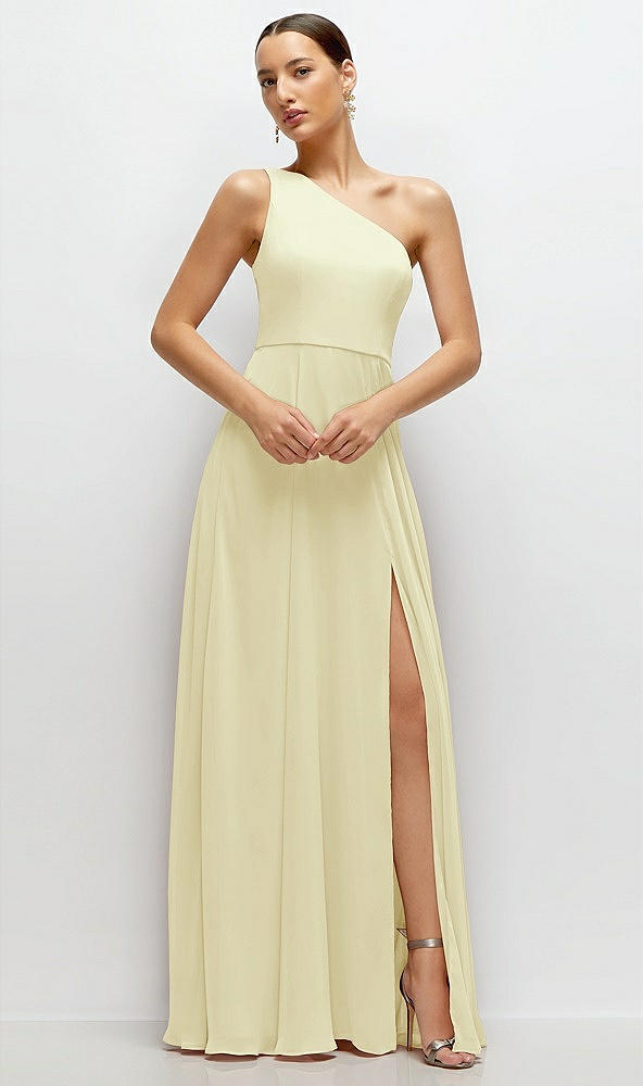 Front View - Butter Yellow Chiffon One-Shoulder Maxi Dress with Circle Skirt