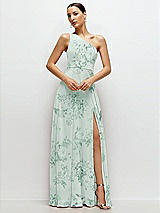 Front View Thumbnail - Mint Green Floral Chiffon One-Shoulder Maxi Dress with Circle Skirt