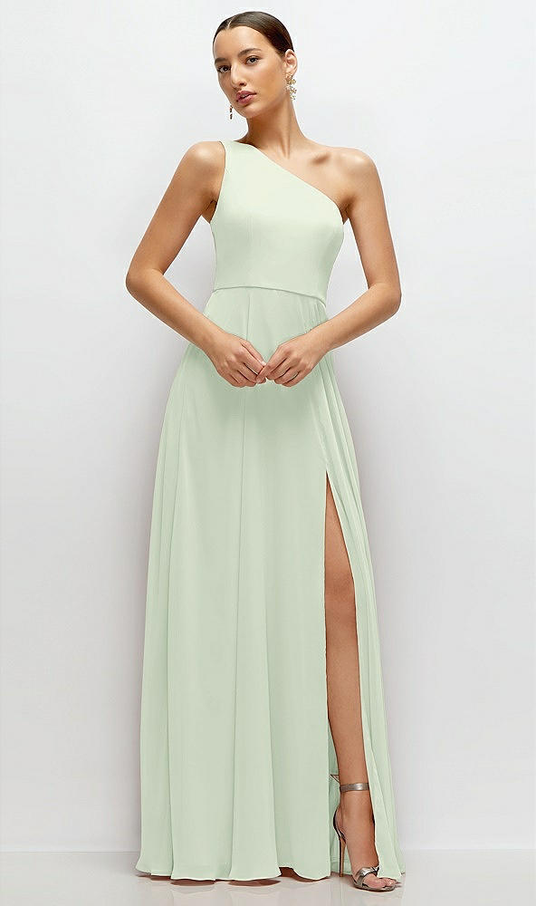 Front View - Mint Green Chiffon One-Shoulder Maxi Dress with Circle Skirt