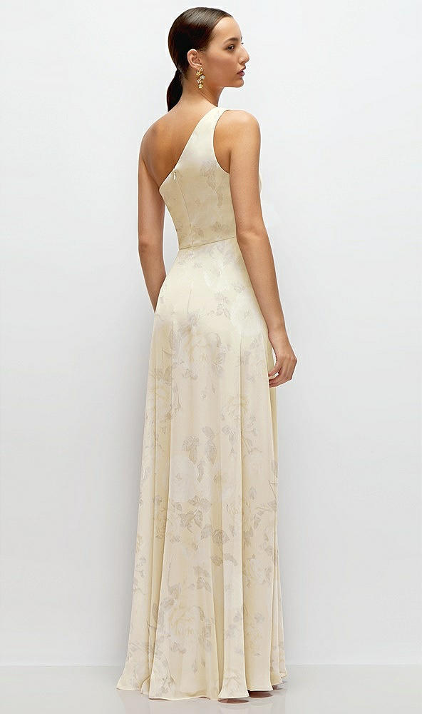 Back View - Butter Yellow Floral Chiffon One-Shoulder Maxi Dress with Circle Skirt