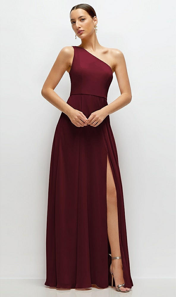Front View - Cabernet Chiffon One-Shoulder Maxi Dress with Circle Skirt