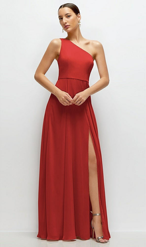 Front View - Poppy Red Chiffon One-Shoulder Maxi Dress with Circle Skirt