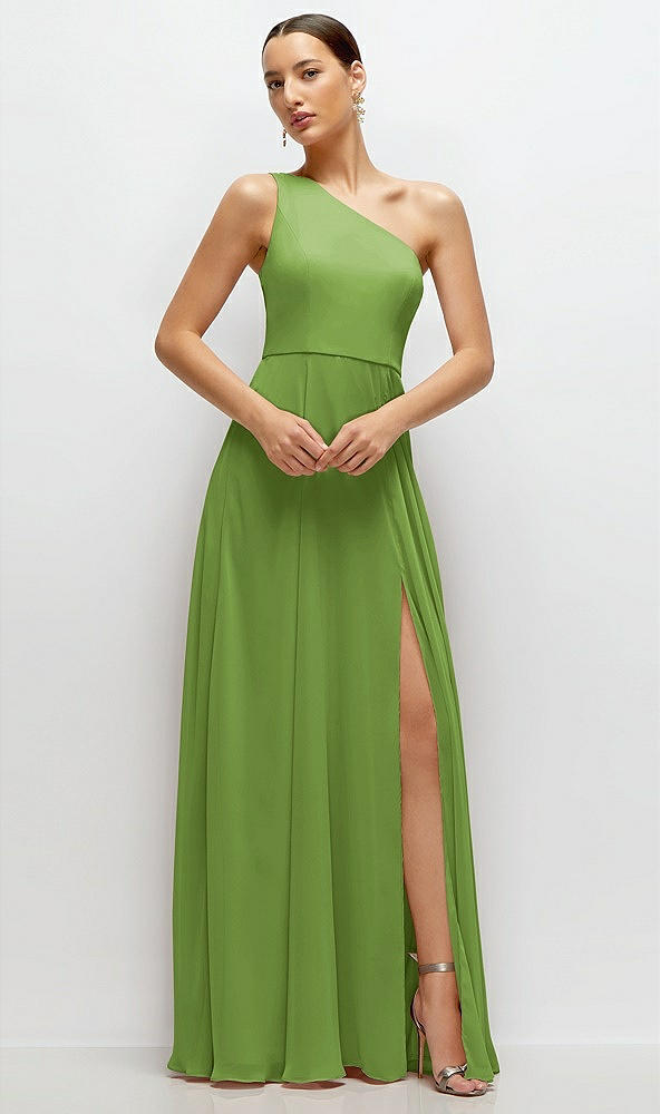 Front View - Peridot Green Chiffon One-Shoulder Maxi Dress with Circle Skirt