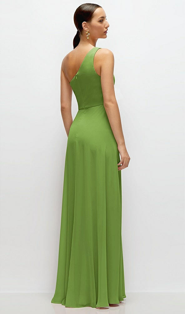 Back View - Peridot Green Chiffon One-Shoulder Maxi Dress with Circle Skirt