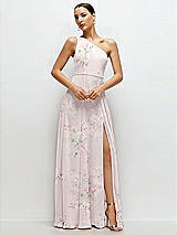 Front View Thumbnail - Watercolor Print Chiffon One-Shoulder Maxi Dress with Circle Skirt