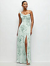 Front View Thumbnail - Mint Green Floral Chiffon One-Shoulder Maxi Dress with Draped Cowl Neckline