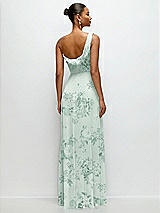 Rear View Thumbnail - Mint Green Floral Chiffon One-Shoulder Maxi Dress with Draped Cowl Neckline