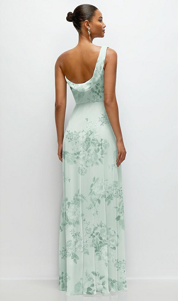 Back View - Mint Green Floral Chiffon One-Shoulder Maxi Dress with Draped Cowl Neckline